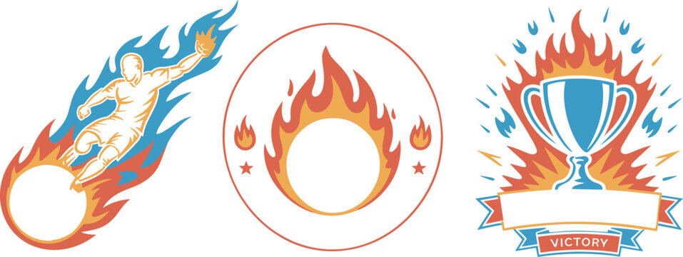 Soccer tournament graphic vector elements featuring a flaming player silhouette fire circle frame and victory ribbon banner
