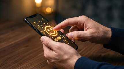 Fototapeta premium Minimalist digital interface interaction on modern smartphone with glowing rating icon and premium bokeh background for commercial customer service satisfaction concept