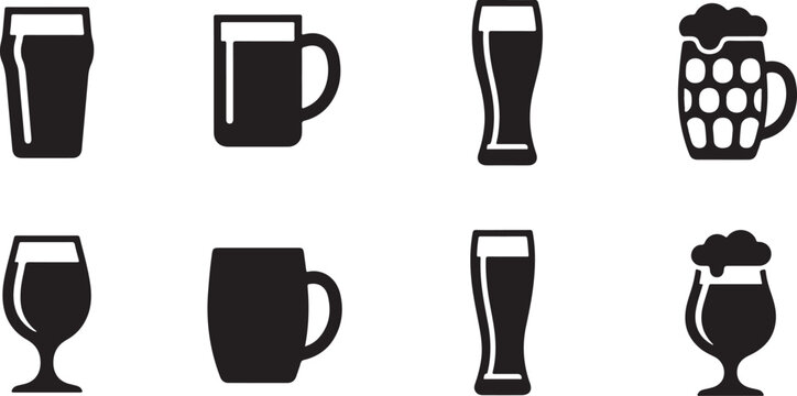 Beer Mug and Pint Glass Glyph Icon Collection Featuring Draft Beer Brewery Bar and Beverage Symbols
