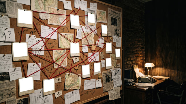 Secret conspiracy cork board with blank frames and red string connection map