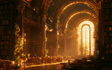 Fototapeta premium Golden light floods through arched stained glass