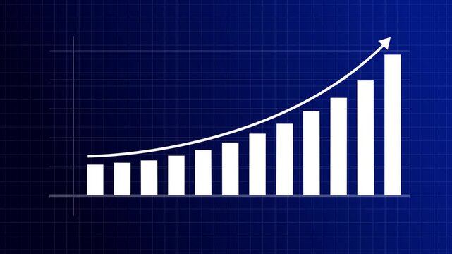 Animated bar chart showing monthly data trends, financial statistics, business analytics growth. Business growth chart with upward trend on blue financial graph background