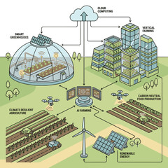 Naklejka premium Future Climate-Resilient Agriculture Ecosystem with AI Farming and Renewable Energy Vector Illustration