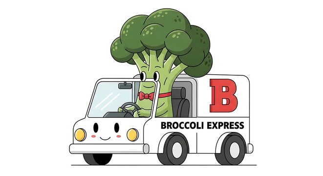 Broccoli Express food delivery van with greenery.
