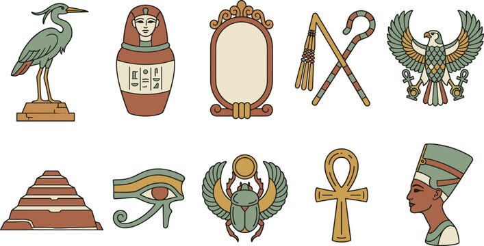 Ancient Egypt Culture and History Icon Set Featuring Pyramid Pharaoh Canopic Jar Scarab Beetle Eye of Horus Ankh and Nefertiti Vector Elements