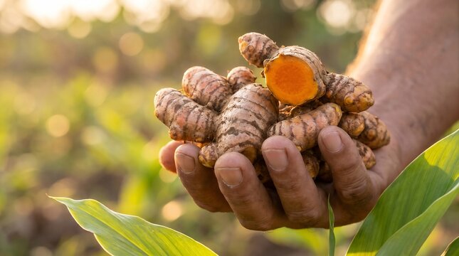 Fresh Turmeric Root Harvest in Farmer&rsquo;s Hand &ndash; Organic Curcuma Rhizomes from Tropical Agriculture