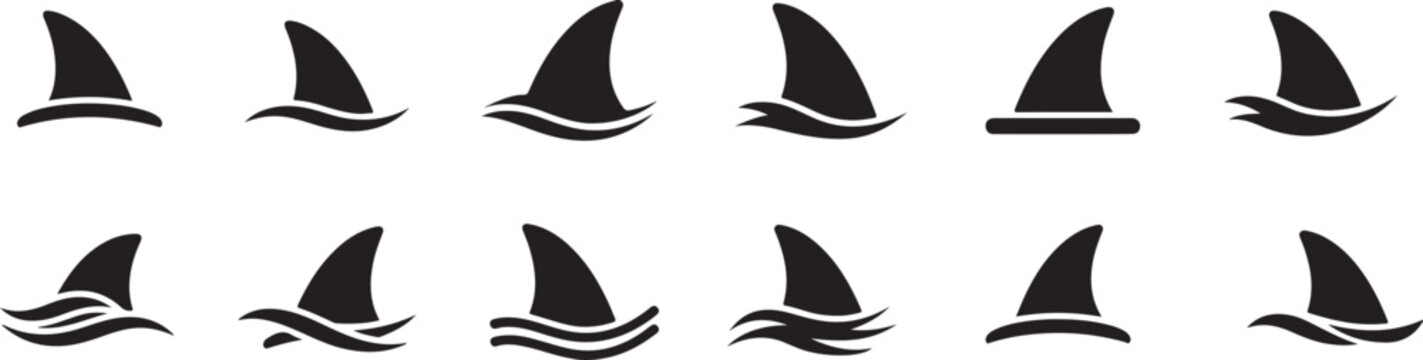 Shark Fin Silhouette Icons Set with Ocean Waves Marine Wildlife and Sea Predator Vector Collection