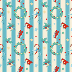Christmas blue striped pattern with festive ornaments. Season greetings decorative wallpaper with wreath, candy cane, gift, holly, hat, bow, and bell. © NATTHAPHORN