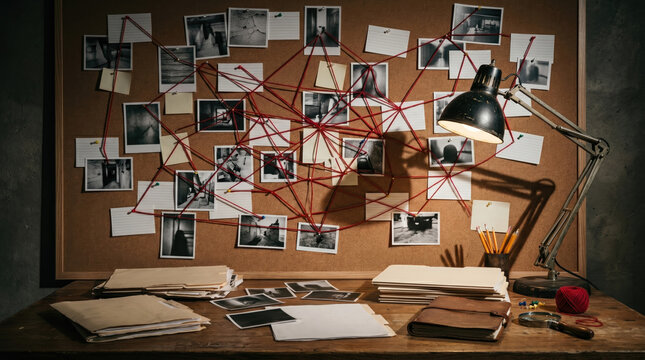Mystery investigation desk with red string evidence board and scattered papers