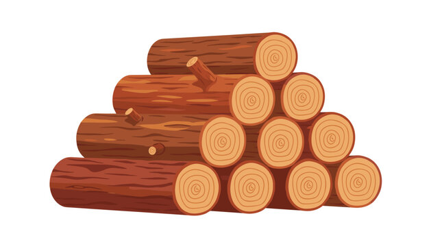 A triangular pyramid stack of wooden logs featuring protruding branch stubs and clear circular growth rings on the ends rests on a bright white studio surface.
