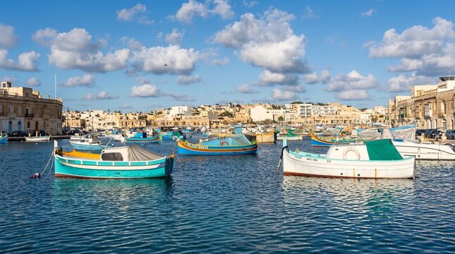 Traditional brightly painted wooden luzzu fishing boats floating peacefully on the deep blue Mediterranean sea waters in the scenic harbor of Marsaxlokk under a beautiful clear sunny sky in Malta.