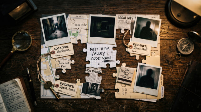 Mystery puzzle evidence board with polaroid photos and secret investigation map
