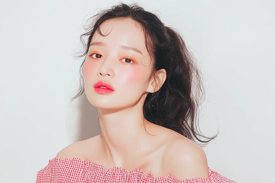 日本人女性, 美容, 美肌, スキンケア, ナチュラルメイク, 透明感, ツヤ肌, 若い女性, ポートレート, アジア人女性, 化粧品, メイクアップ, 韓国メイク, ピンクメイク, リップ, チーク, 美容広告, 化粧品広告, 美白, 保湿, うるおい, ハリ, ビューティー, フェイシャル, 肌, ファッション, オフショルダー, ギンガムチェック, ブラウス, 夏ファッション, 赤