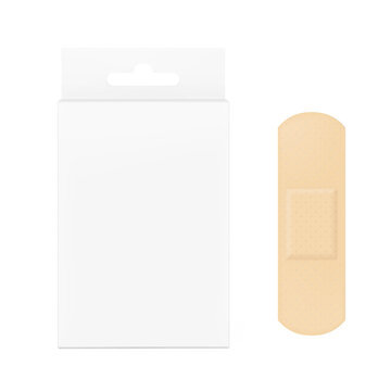 Hanging packaging box with adhesive bandage strip mockup. 3D hight realistic vector illustration isolated on white background. Scalable and editable without lose quality. Ready layered template. EPS10