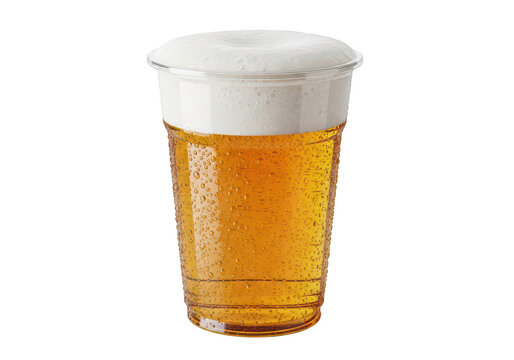 Plastic cup filled with frothy golden beer on a flat surface PNG isolated on transparent background