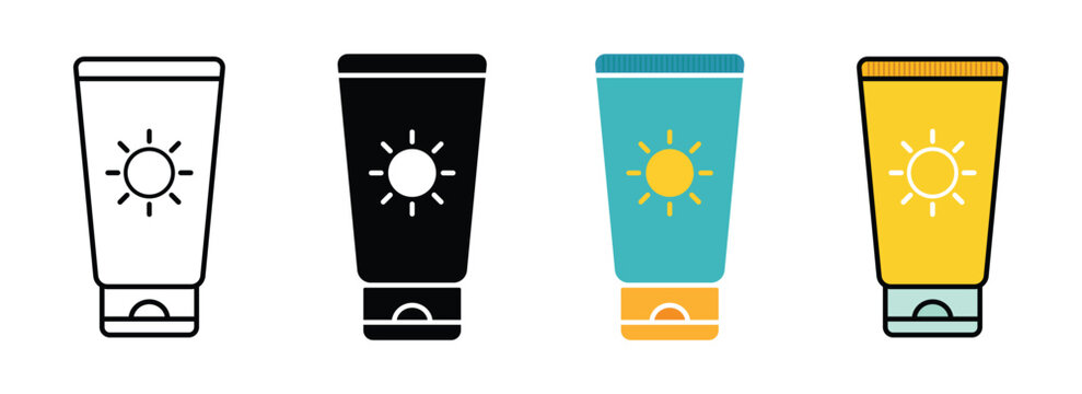 Sunscreen tube icon collection set. Outline, glyph and color vector illustration isolated on transparent background. Summer sunscreen tube icon