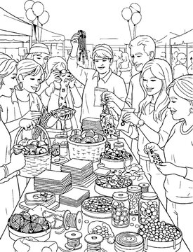 Lively outdoor market with fresh berries and eager shoppers.