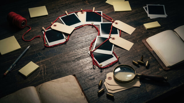Detective desk with polaroid photos and red string forming a question mark
