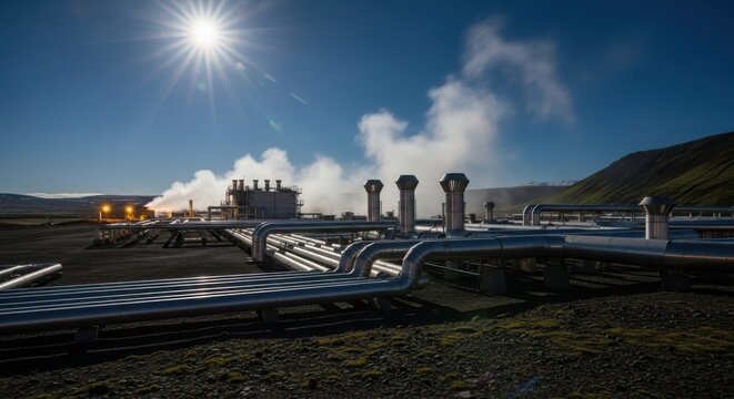 Industrial geothermal power plant with steam emission at dusk