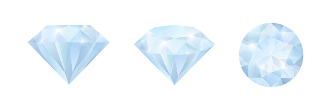 Glow shine blue gem diamond round brilliant cut gradient fill, front view, isometric, top view. Vector illustration