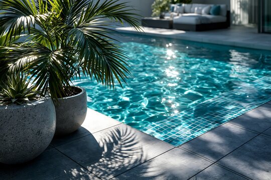 Sonnenbeschienener Poolrand mit gro&szlig;en Palmenk&uuml;beln und schattigen Pflanzen