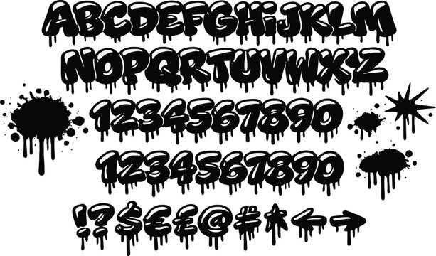 Bubble gum font design. Graffiti bubble alphabet set. Hand drawn balloon letters and numbers. Funky vector typeface
