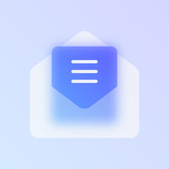 Fototapeta premium Email envelope glassmorphism icon. Blue frosted glass vector pictogram with open mail for inbox UI, web design concept.