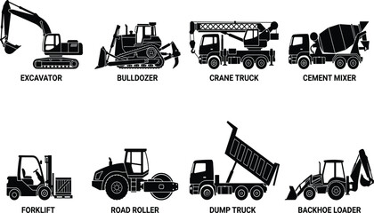 Obraz premium Black construction vehicles silhouettes vector icons set featuring excavator bulldozer crane cement mixer forklift road roller and dump construction vehicles silhouettes vector icons set featuring 