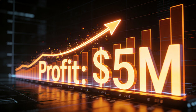 Displaying 'Profit: $5M' 3D text and rising bars, glowing arrow and gridlines reflecting on floor