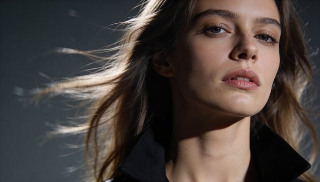 Posing female model tilting head, gazing slightly right in studio, wearing dark collared coat