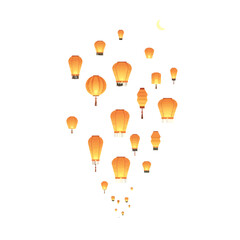 Many glowing paper lanterns float upward against a clean white background © meri
