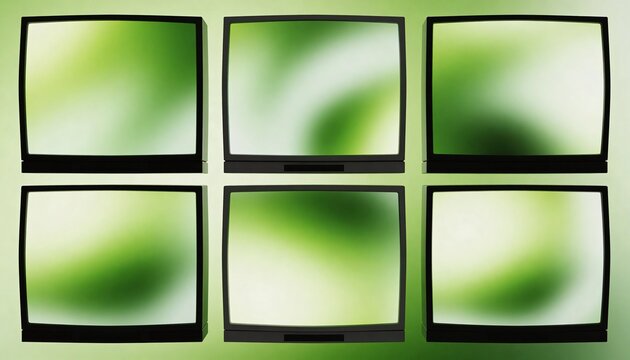Showing six CRT monitors with black bezels forming 2x3 grid against green wall, with soft gradients