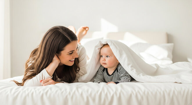 Happy young mother smiling at her cute baby boy hiding under a white blanket on a bright bed in the morning.