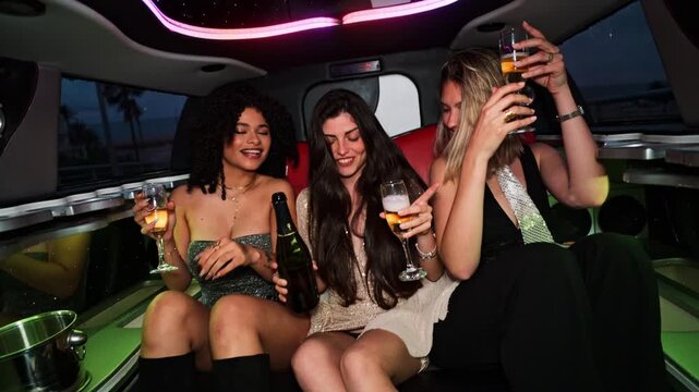Three happy girlfriends partying inside a limousine with champagne