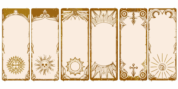 Set of seven tarot card templates with ornamental borders beige background