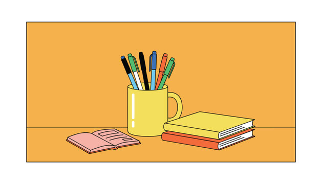 A yellow mug filled with various colored pens sits on a desk next to a stack of two books and an open notebook in a warm and inviting workspace environment.