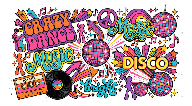 Retro disco party illustration with 70s elements and bright colors.