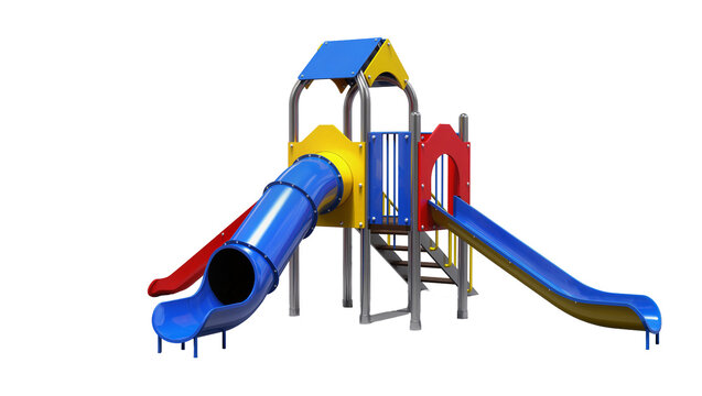 Multi-colored playground slide structure with blue tube and straight slides
