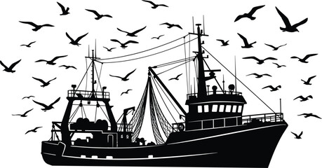 Commercial Fishing Trawler Boat Vector Illustration Featuring Black Silhouette Shape of a Deep Sea Fishing Vessel Surrounded by a Flock of Flying Seagulls for Maritime Industry LayoutsCommercial Fishi © Sonjoy