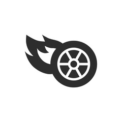 Fototapeta premium Car wheel with fire icon. Monochrome black and white symbol