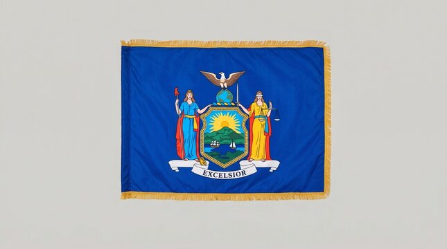New York State flag with Liberty, Justice, and eagle&mdash;heraldic tableau of resilience, identity, and the motto &ldquo;Excelsior,&rdquo; symbolizing ever‑upward progress and cultural heritage.
