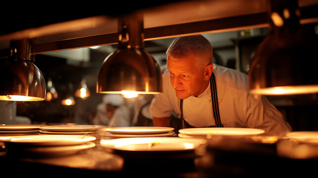 An experienced silver haired chef leans in to examine plated dishes under glowing heat lamps at the pass of a fine dining restaurant kitchen