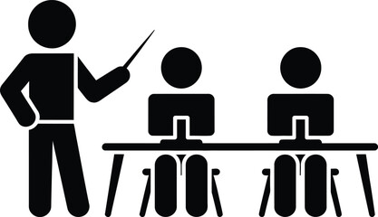 Teacher pointing at blackboard with two students sitting at desks © Gita