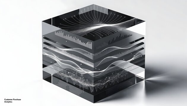 Stacked transparent glass cubes with binary code data visualization in monochrome style