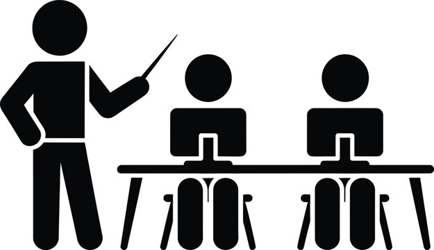 Teacher pointing at blackboard with two students sitting at desks