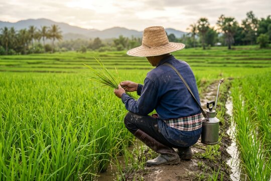 Farmer Monitoring Rice Growth and Pest Conditions in Rice Field