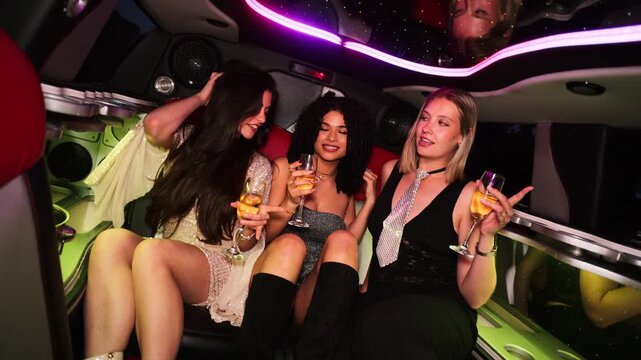 Three fashionable women partying and drinking champagne in a limousine
