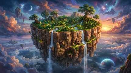 Fantasy island with waterfall and trees on cliff