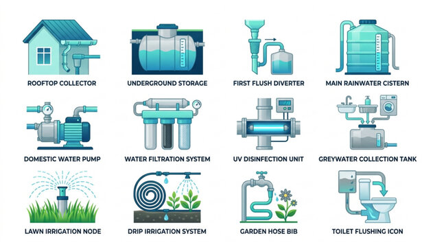 Rainwater Harvesting Systems and Residential Water Filtration Vector Icons