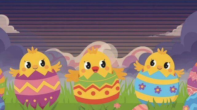 Cute baby chick hatching from decorated Easter egg in spring meadow with colorful eggs and grass
